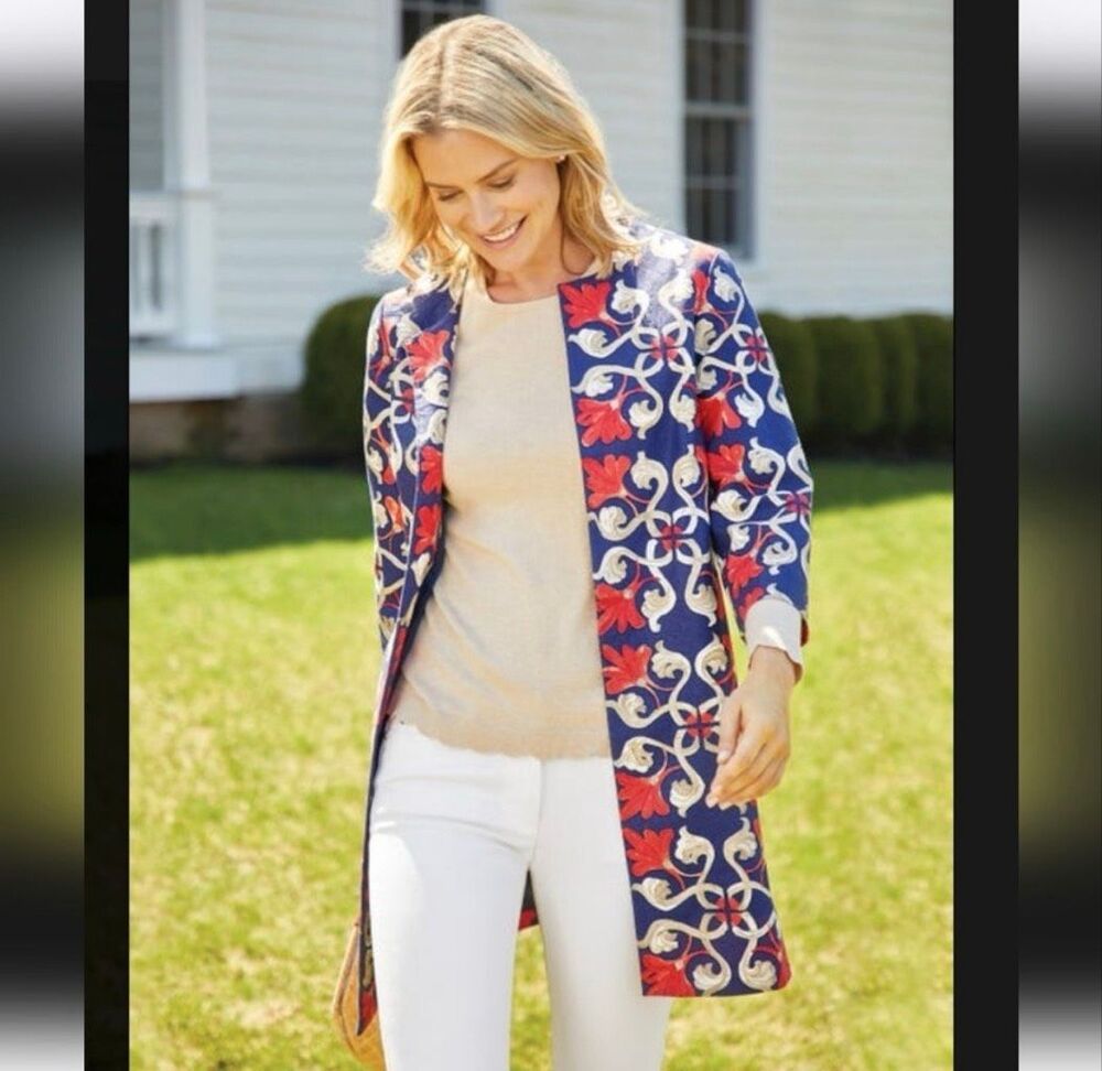 J McLaughlin Sussex Topper Coat Navy Red Floral Scroll Lightweight Jacket M